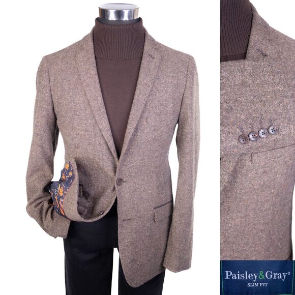 Paisley & Gray Tweed Brown Blazer 42R Casual Sports Coat Jacket Slim Wool Blend - Picture 1 of 14